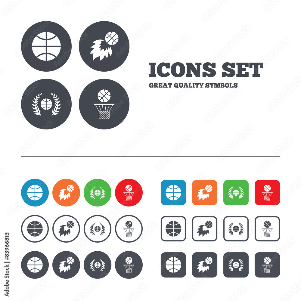 Basketball icons. Ball with basket and fireball. Basketball icons. Ball with basket and fireball.