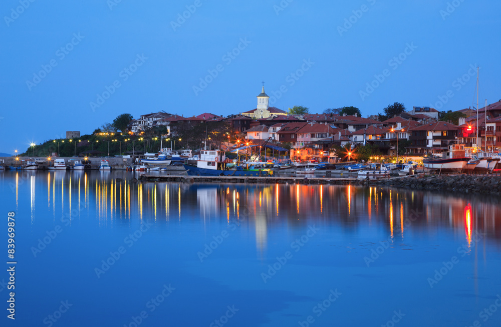The harbor of the old town of Nessebar at night, Bulgaria
