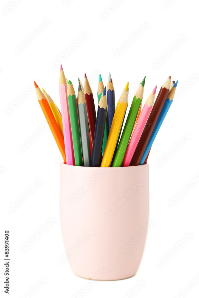 Fototapeta premium Colorful pencils in cup isolated on white