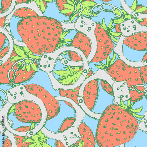 Sketch handcuffs and strawberry in vintage style