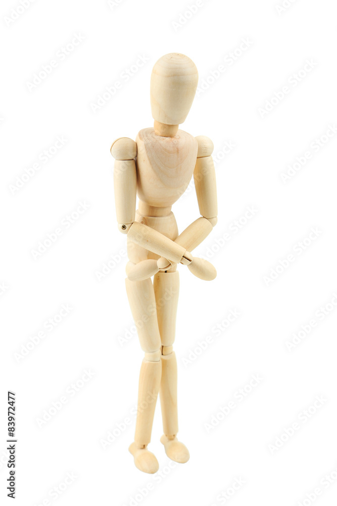 Wooden figure with stomach ache isolated on white Wooden figure with stomach ache isolated on white