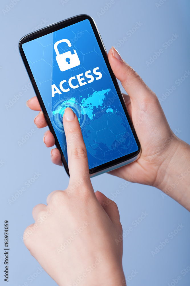 Man presses a touch screen smart phone with the symbol of an acc Man presses a touch screen smart phone with the symbol of an acc