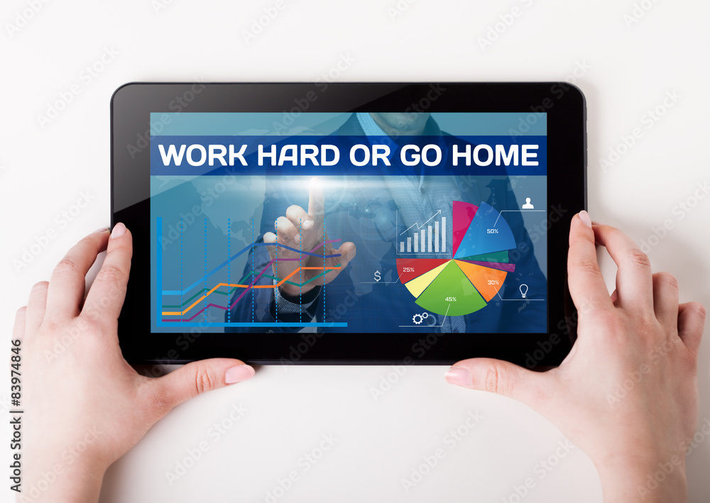 Girl holding a tablet pc which a man presses the virtual screen Girl holding a tablet pc which a man presses the virtual screen