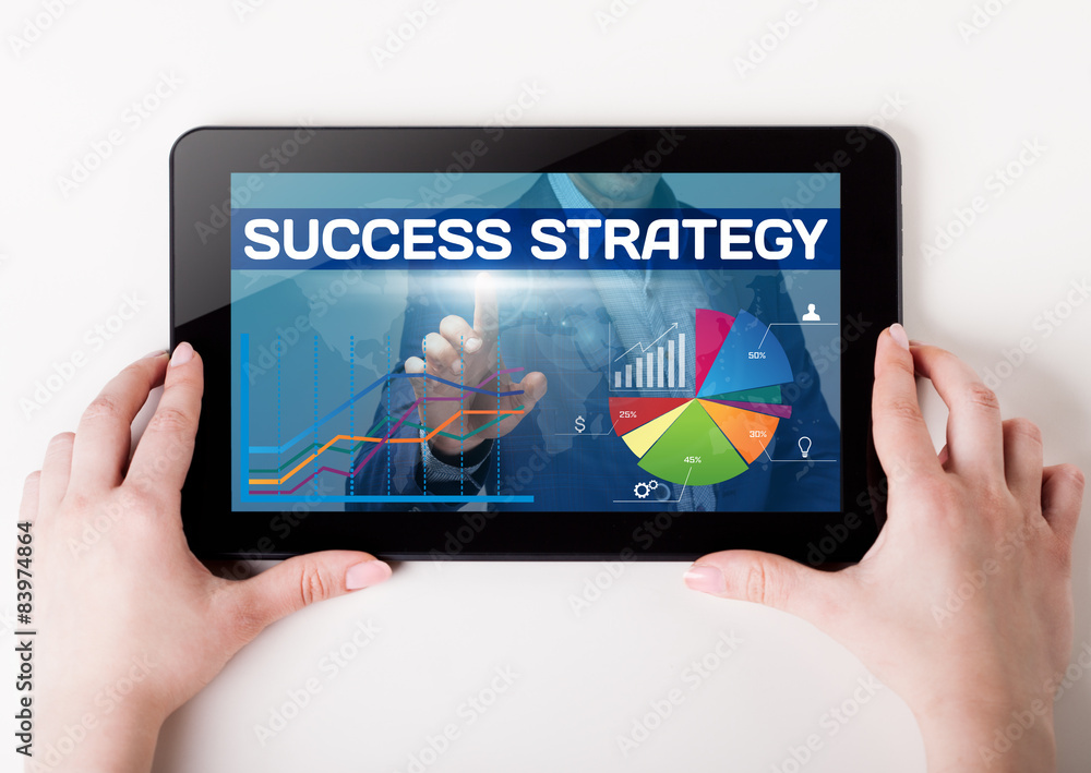 Girl holding a tablet pc which a man presses the virtual screen Girl holding a tablet pc which a man presses the virtual screen