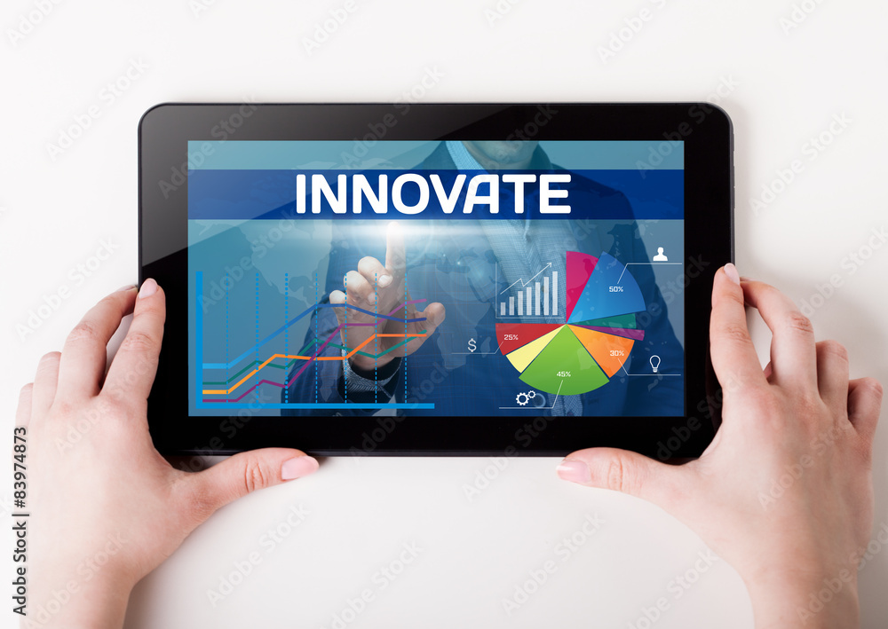 Girl holding a tablet pc which a man presses the virtual screen Girl holding a tablet pc which a man presses the virtual screen