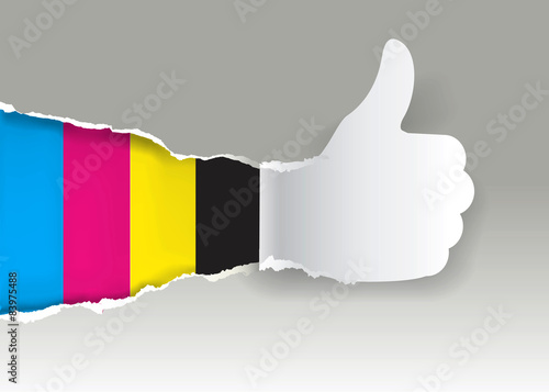Gesturing paper hand with print colors.