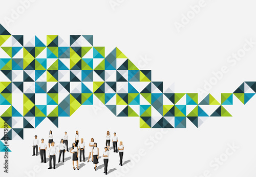 Blue and green template for brochure with business people
