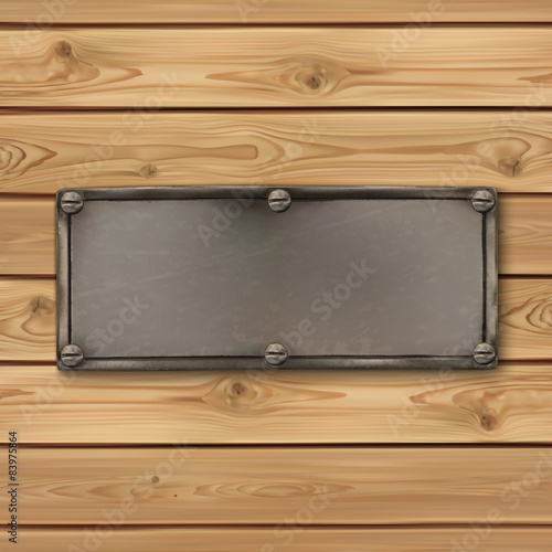 Vintage, old metal banner on realistic wooden boards.