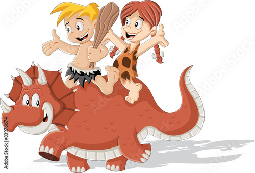 Cartoon cavemen and cave woman riding a triceratops dinosaur. 