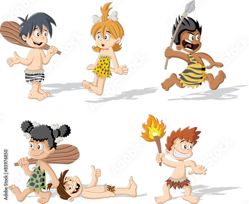 Croup of cartoon cavemen. Stone age children.
