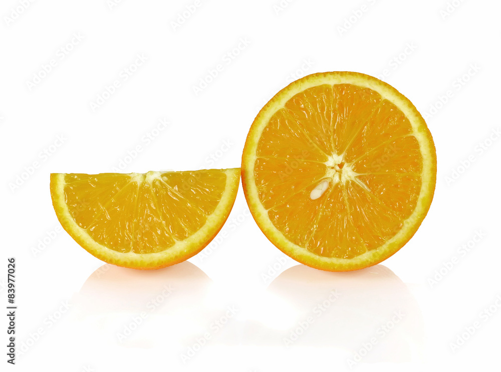 Two orange fruit segments or cantles isolated on white backgroun Two orange fruit segments or cantles isolated on white backgroun