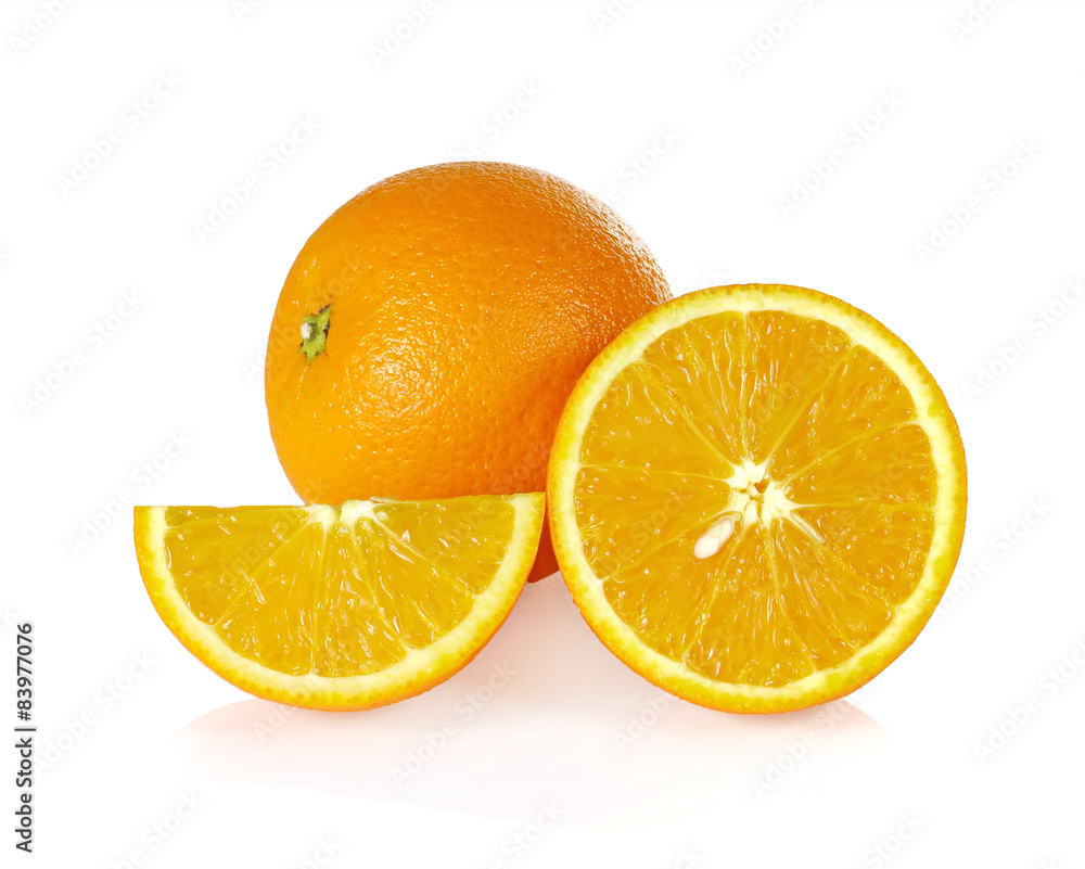 Whole orange fruit and his segments or cantles isolated on white Whole orange fruit and his segments or cantles isolated on white