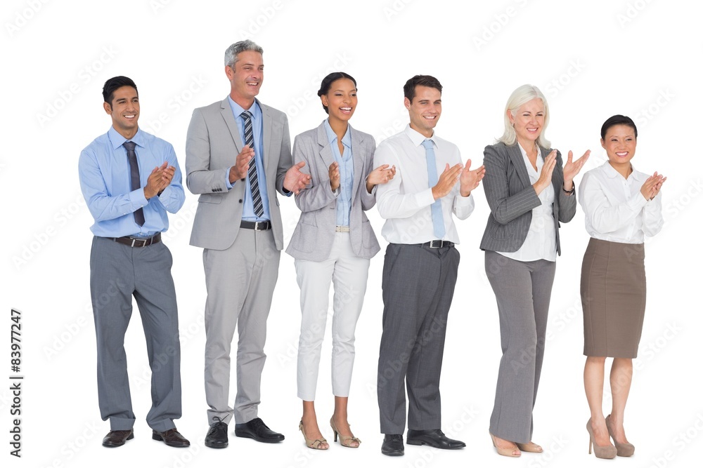 Business people holding cup and cheering 