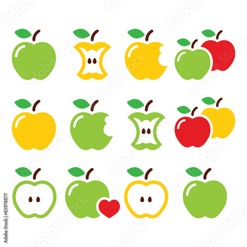 Green and yellow apple, apple core, bitten, half vector icons