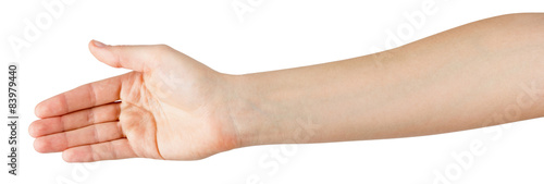 Female hand offering handshake isolated on white background