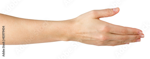 Female hand offering handshake isolated on white background