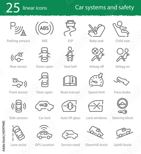 Vector car interface and electronic safety systems icons.
