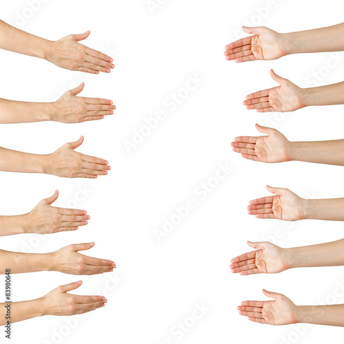 Various female hands offering handshake isolated on white backgr