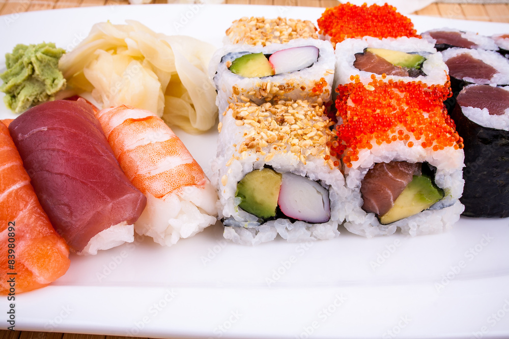 Delicious sushi with caviar wasabi Delicious sushi with caviar wasabi