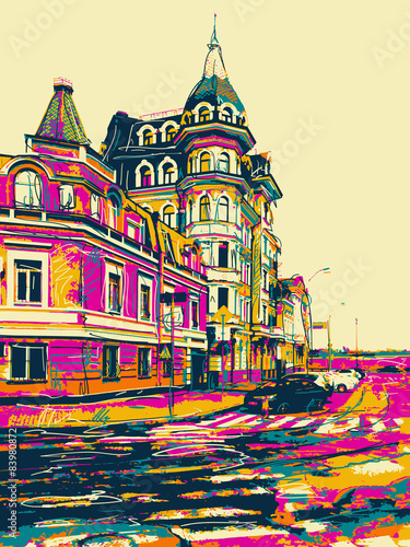 sketch drawing of city Kyiv modern landscape, Podol, Ukraine