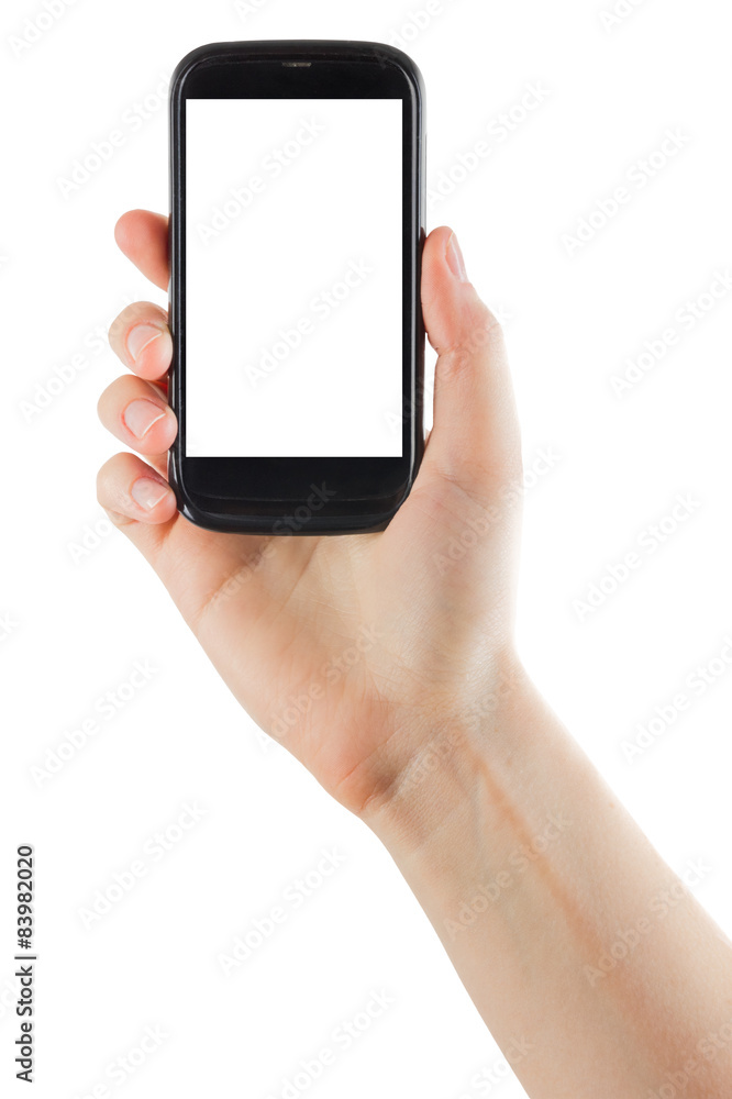 hand hold smart phone with white blank screen isolated on white background hand hold smart phone with white blank screen isolated on white background
