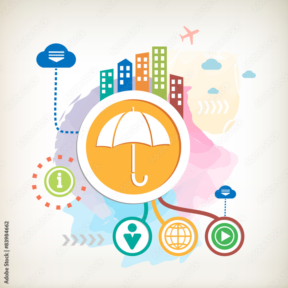 Naklejka premium Umbrella and city on abstract colorful watercolor background