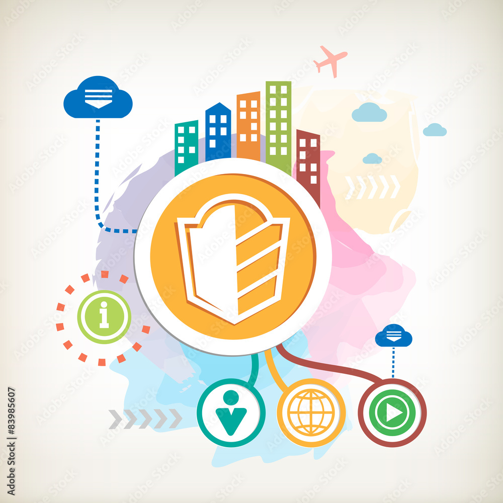 Fototapeta premium Shield and city on abstract colorful watercolor background