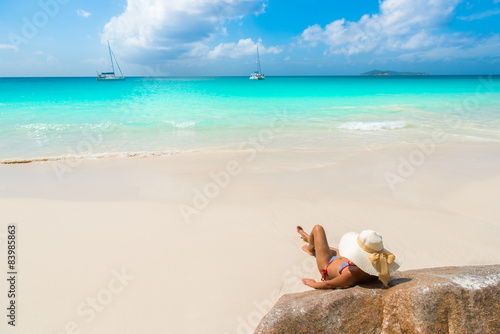Girl at beautiful beach - Anse Georgette at Praslin - Seychelles © Simon Dannhauer