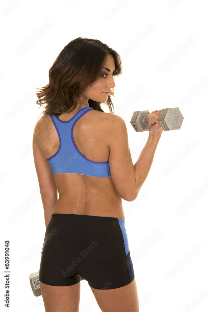 woman fitness blue bra curl weight back woman fitness blue bra curl weight back