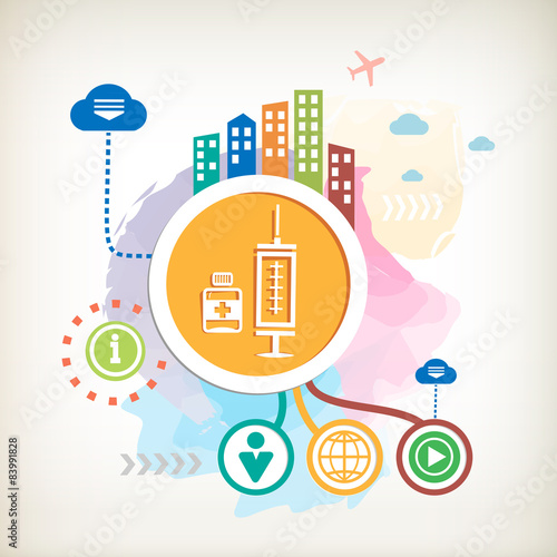 Medical syringe with vaccine and city on abstract colorful water