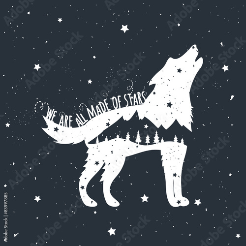 Obraz Wektorowa ilustracja z wycie wilka, gór i drzew