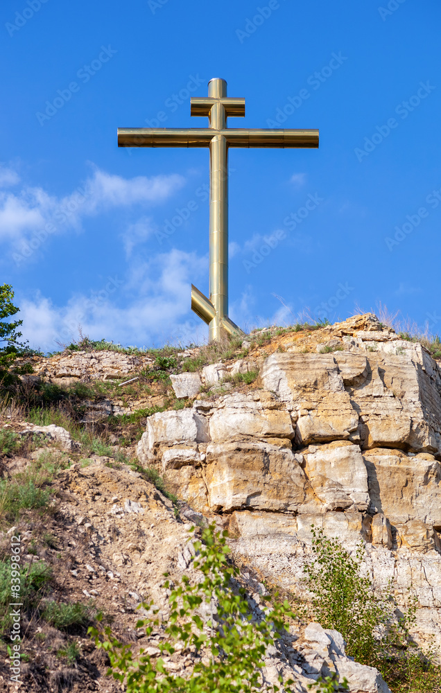 Worship cross on the Tsarev mound near Samara, Russia on a summe