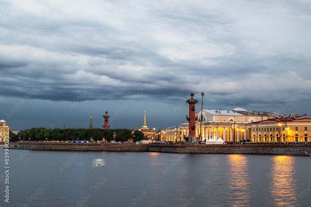 Rostral columns lit by illumination of the white nights at dawn