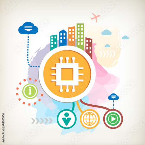 Electronic chip and city on abstract colorful watercolor backgro