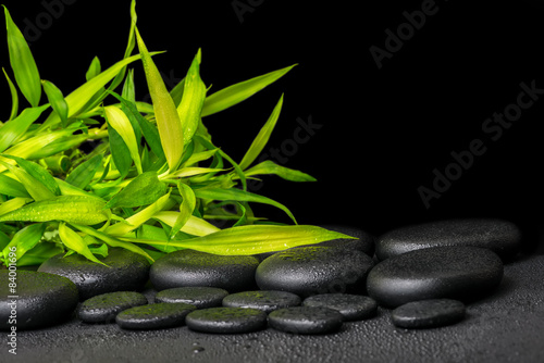 spa concept of twigs bamboo with dew on zen basalt stones  close