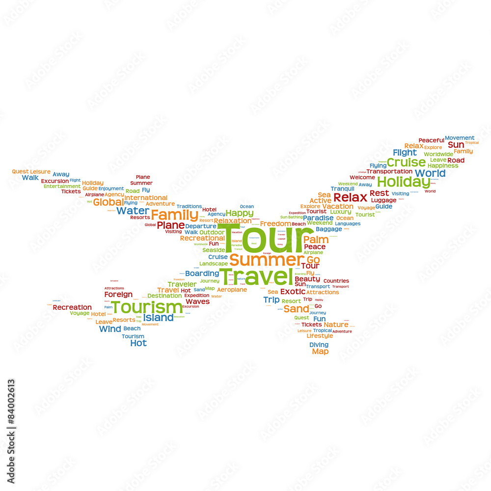 Conceptual tour travel or tourism plane word claud