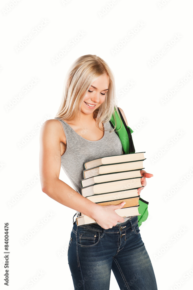 Young caucasian student woman with books , isolated on white Young caucasian student woman with books , isolated on white