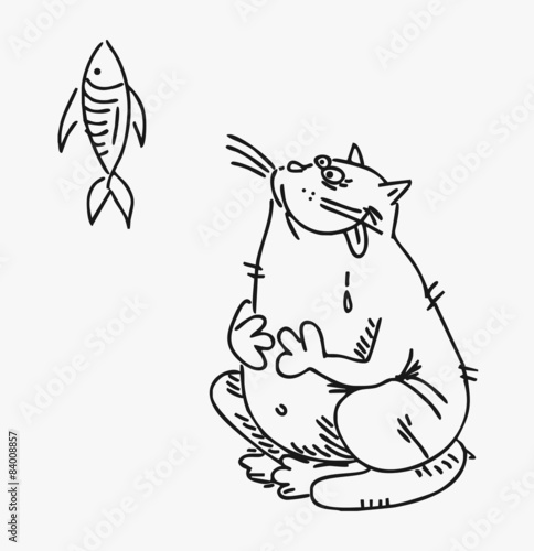 Fototapeta Naklejka Na Ścianę i Meble -  Cat who wants to eat a tasty fish vector drawn curve