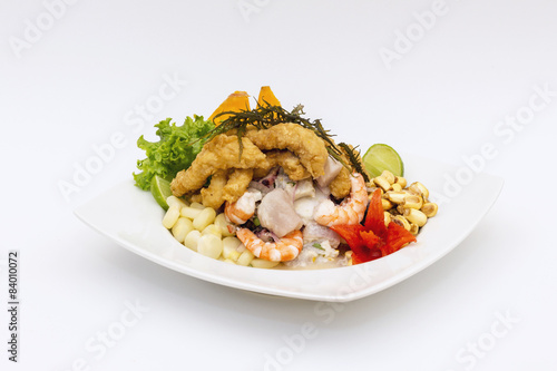 Ceviche and chicharron, "Caretillero", peruvian dish