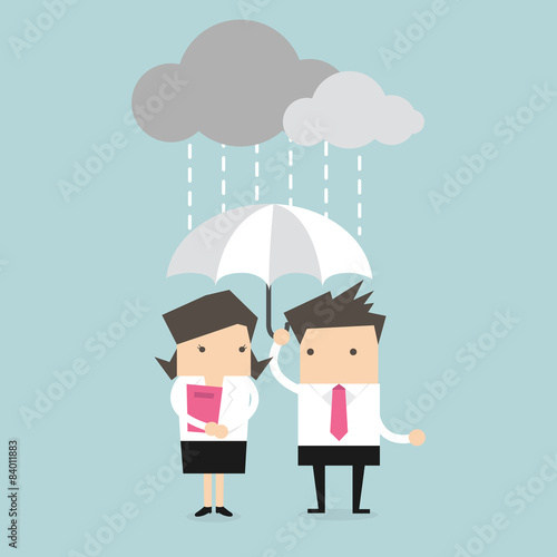 Businessman & businesswoman under umbrella in the rain vector
