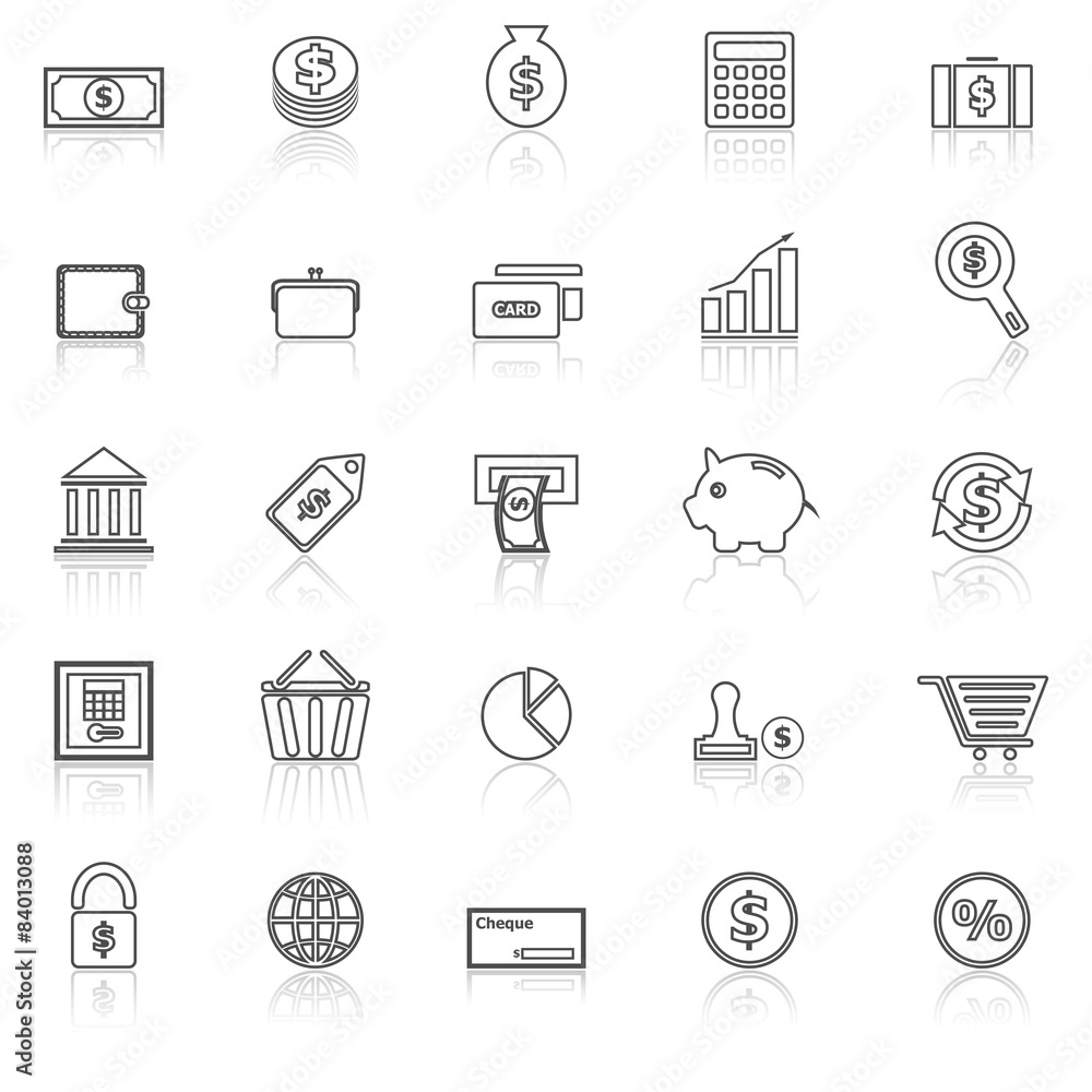 Money line icons with reflect on white Money line icons with reflect on white