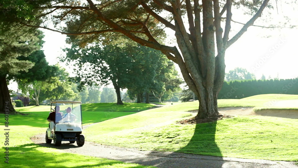 A golf cart comes around the corner on the golf cart path during a sunny day A golf cart comes around the corner on the golf cart path during a sunny day