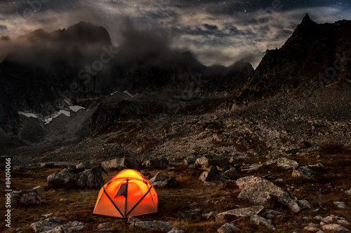 Camping at night in the mountains