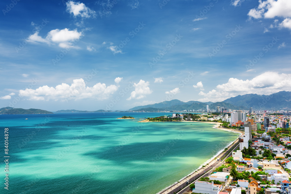 Naklejka premium View of Nha Trang Bay with beautiful colors of water in Vietnam
