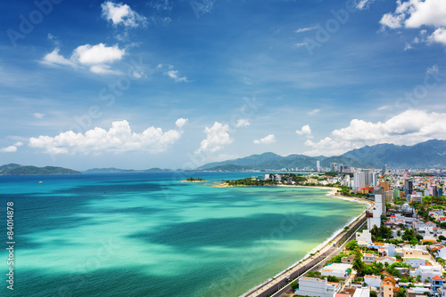 View of Nha Trang Bay with beautiful colors of water in Vietnam photo