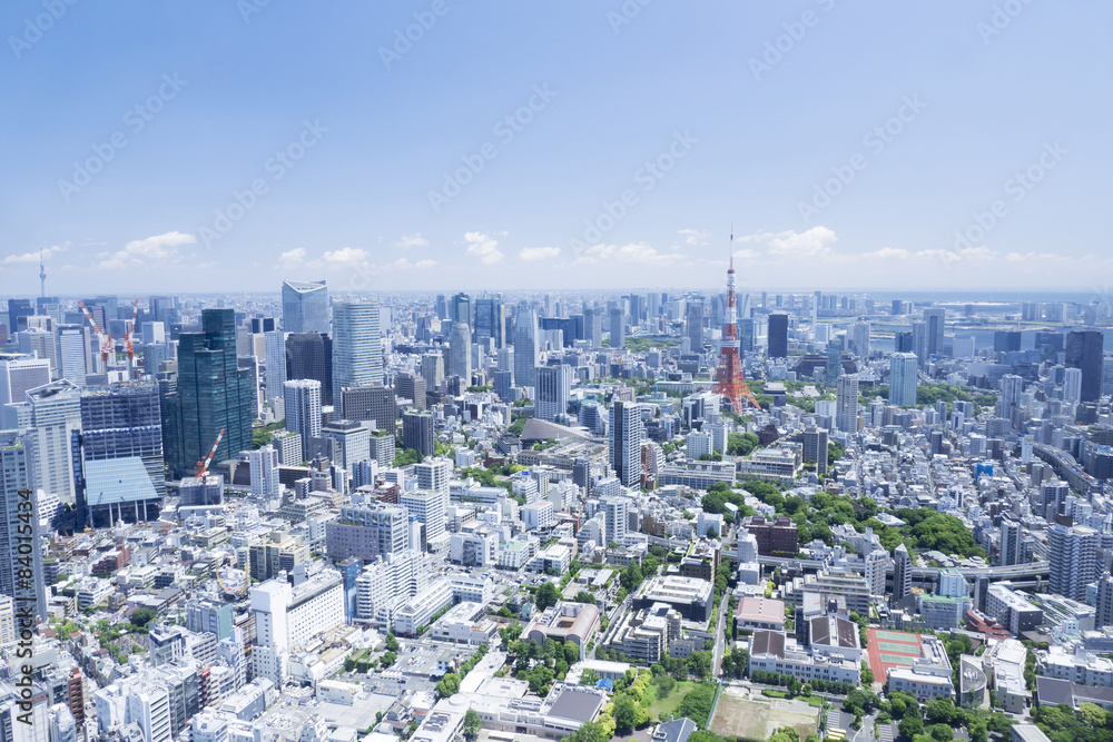 Fototapeta premium Czyste niebo Tokyo Tower i centrum Tokio w centrum maja 2015 r. Ukończono wiele wieżowców w rejonie Zatoki Perskiej