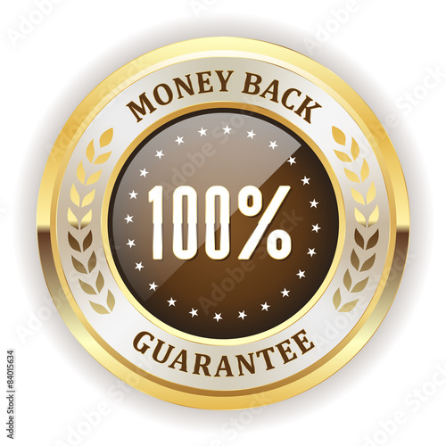 Brown money back badge with gold border