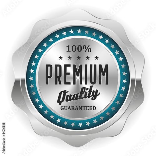 Blue premium quality badge with silver border