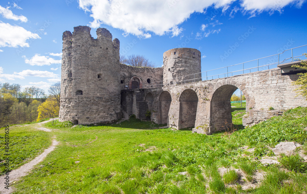 Medieval Russian Koporye fortress with two towers and bridge