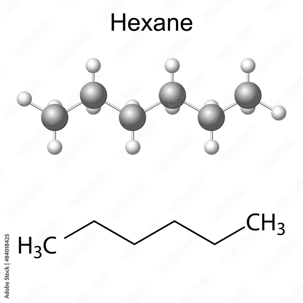 Chemical formula and model of hexane molecule Chemical formula and model of hexane molecule